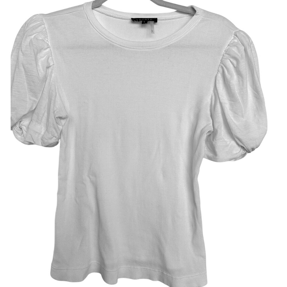 1. State Women's White Cotton Puff Sleeve Rib Knit T-Shirt Top Size Small